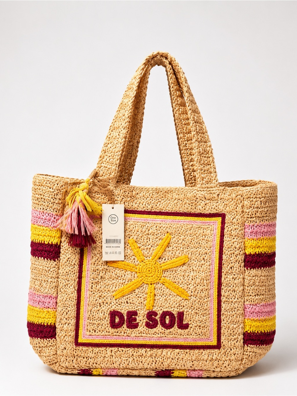 Beige Crochet Tote Bag with Yellow Sun Motif